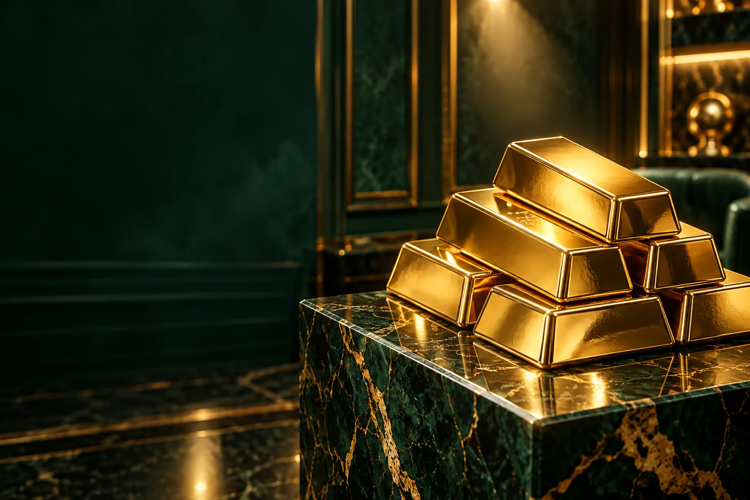 Stacked fine gold bars on an emerald marble plinth